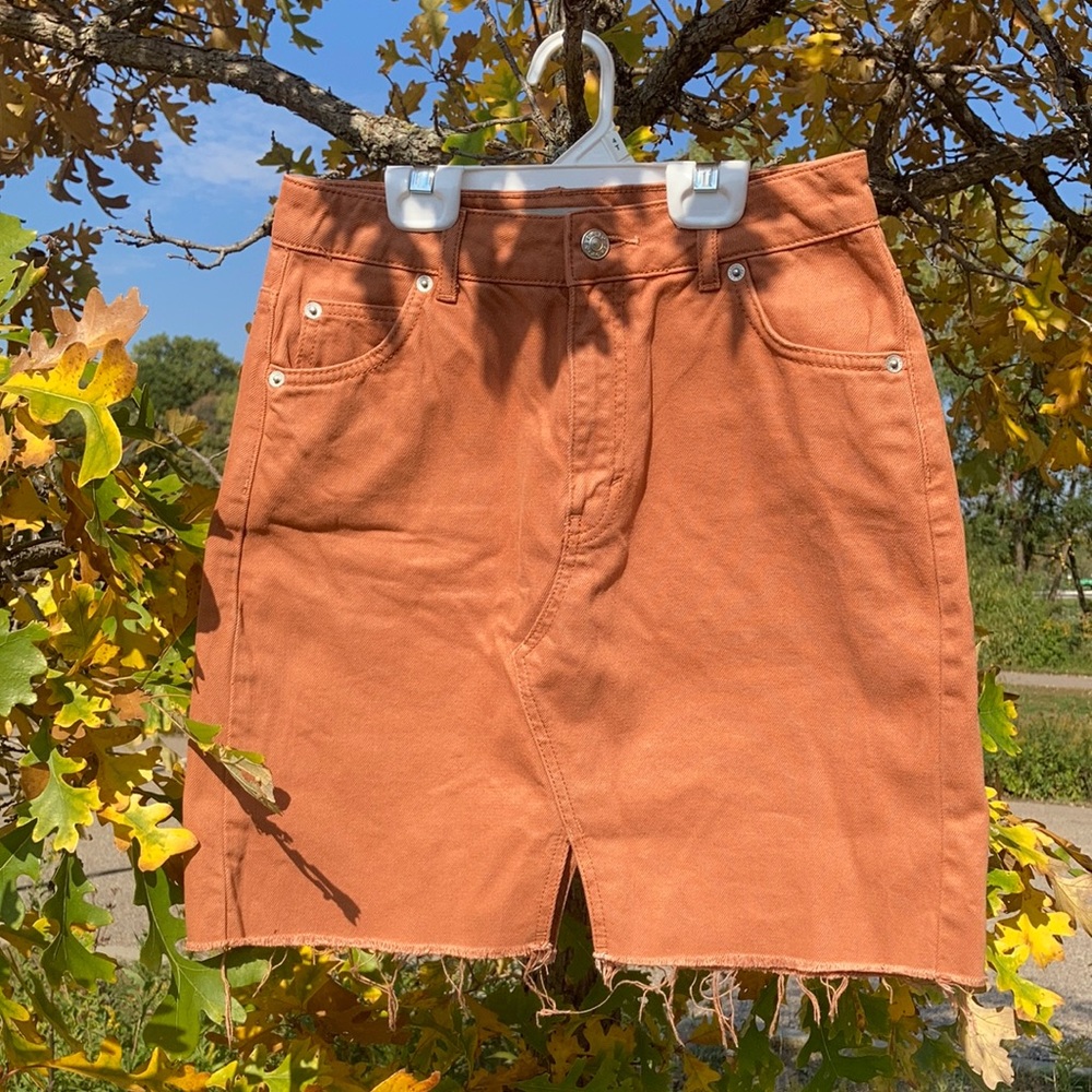 Topshop Moto Frayed Hem Denim Mini Skirt Gorgeous Neutral Orange Pumpkin